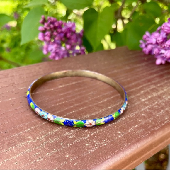 Beautiful Vintage Blue Floral Cloisonne Bangle Bracelet - Picture 1 of 6